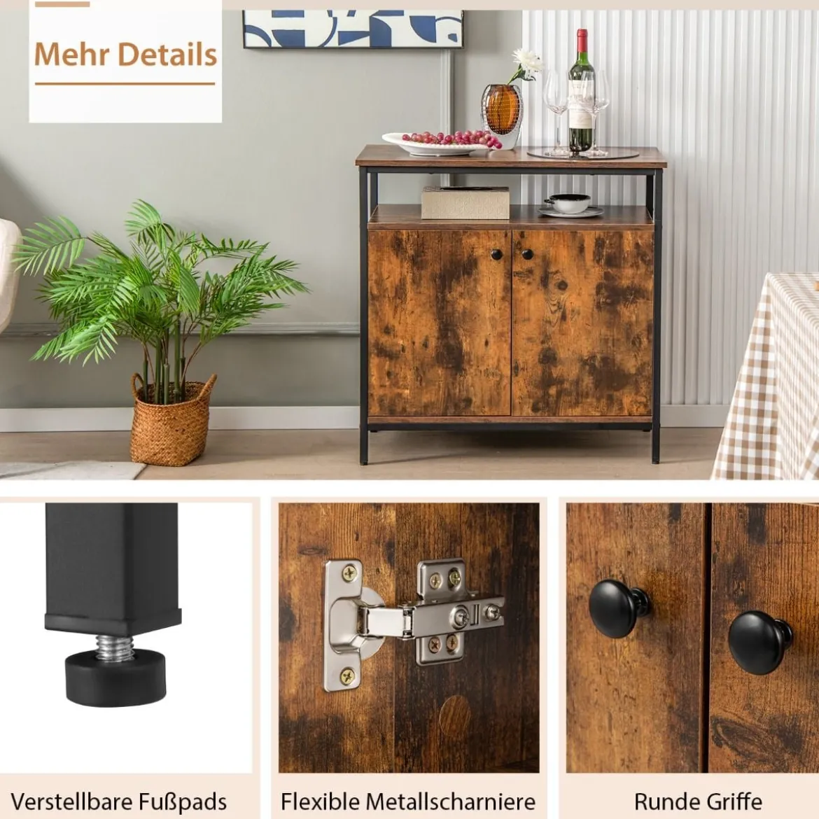 Sideboard mit 3-Stöckiger Schrank und Türen Küchenschrank mit offenem Regal 80 x 40 x 80 cm Rustikales Braun