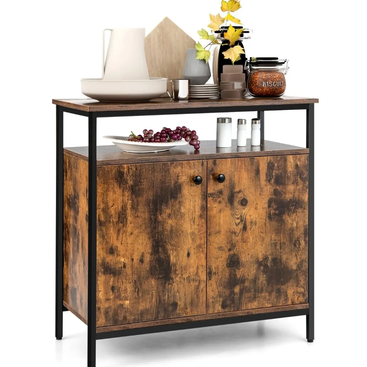 Sideboard mit 3-Stöckiger Schrank und Türen Küchenschrank mit offenem Regal 80 x 40 x 80 cm Rustikales Braun