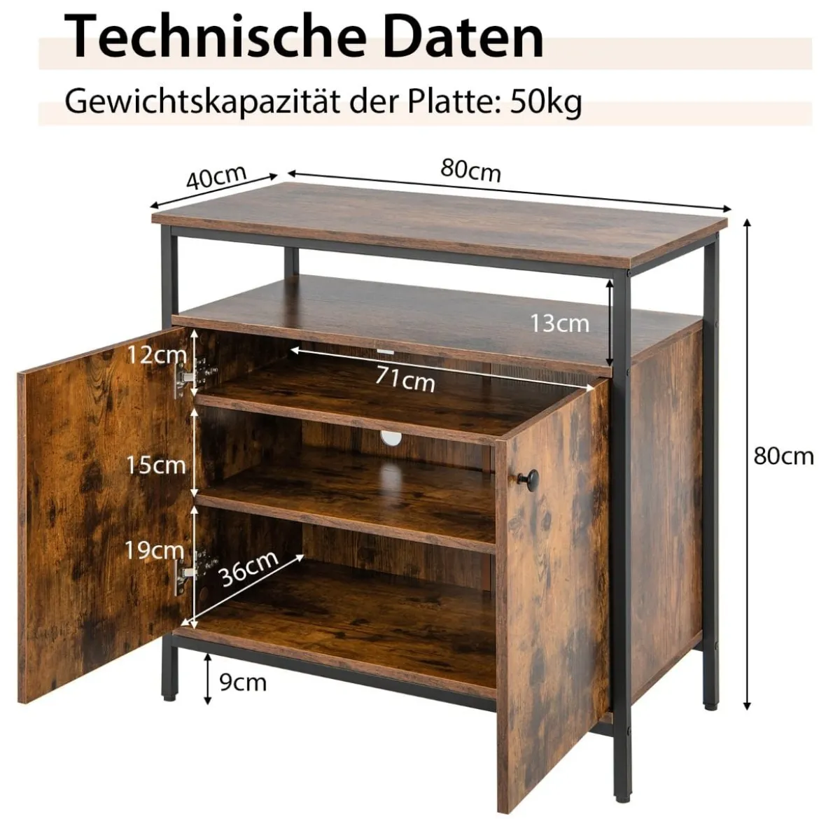 Sideboard mit 3-Stöckiger Schrank und Türen Küchenschrank mit offenem Regal 80 x 40 x 80 cm Rustikales Braun