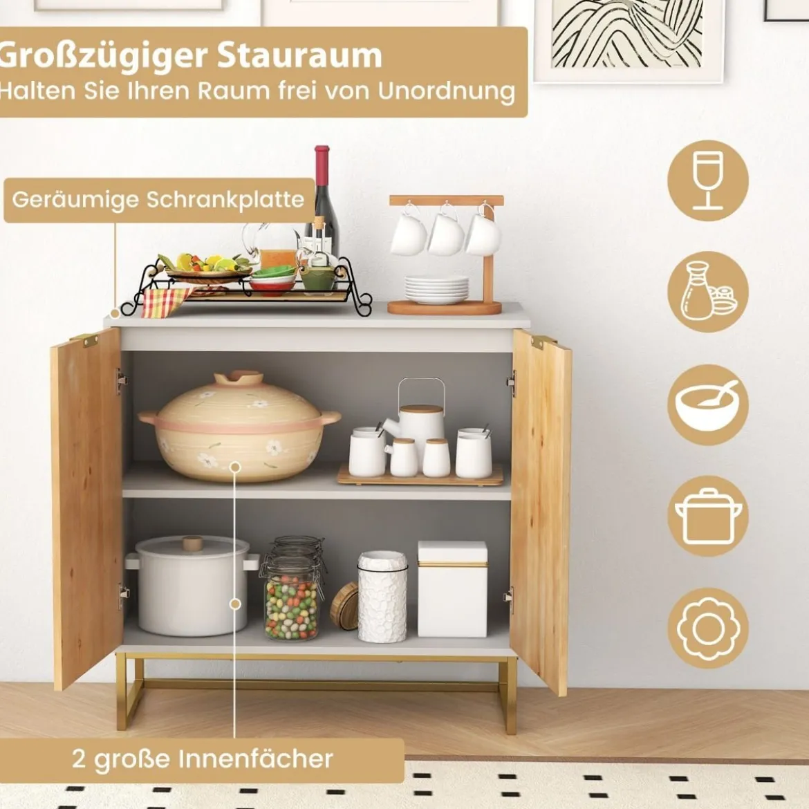 Sideboard mit 2 Türen Küchenschrank mit Regal Buffetschrank modern mit Metallbeinen Weiß 80 x 40 x 80 cm