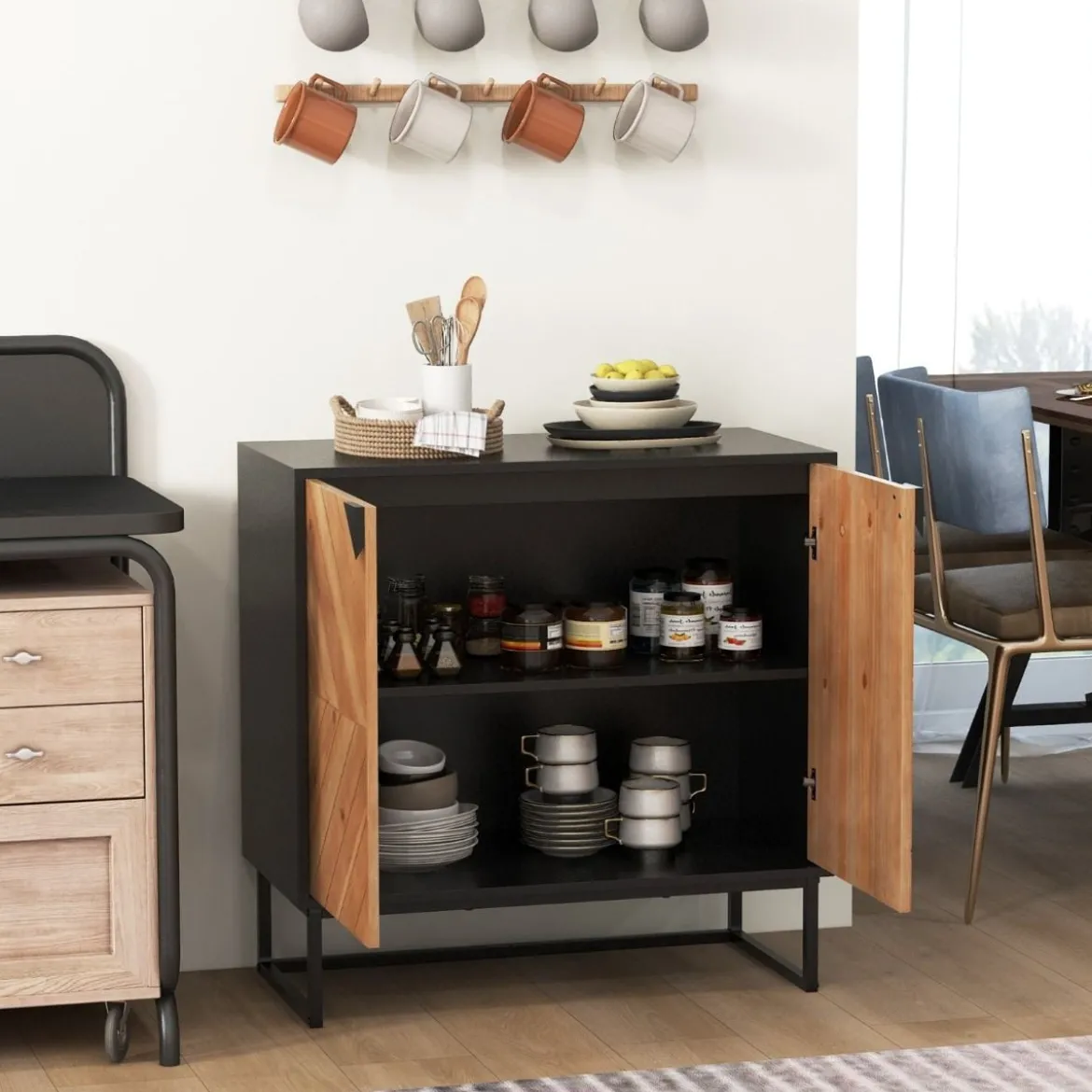 Sideboard mit 2 Türen Küchenschrank mit Regal Buffetschrank modern mit Metallbeinen 80 x 40 x 80 cm Schwarz