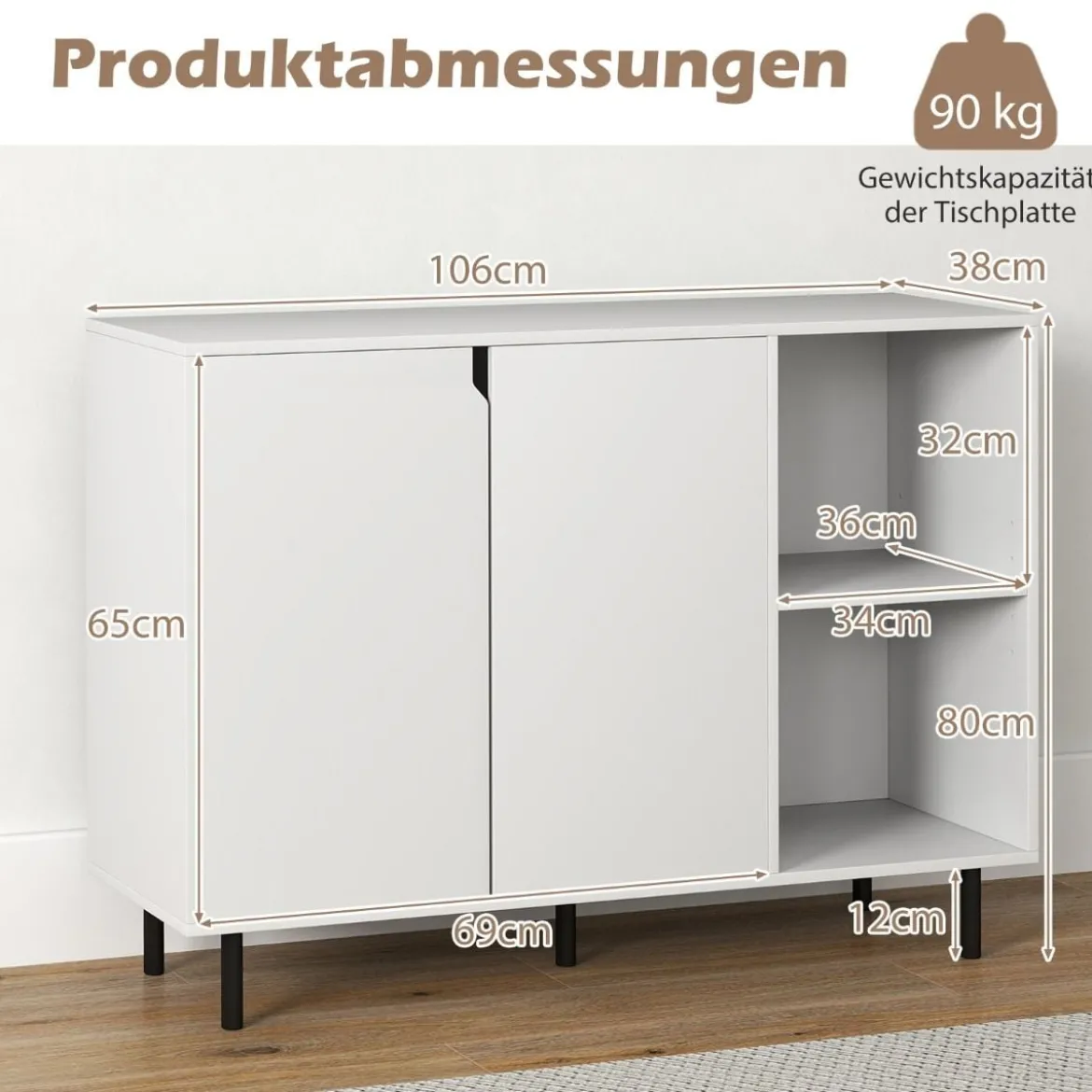 Sideboard mit 2 Türen & Verstellbaren Regalen Moderner Küchenschrank Buffet Schrank