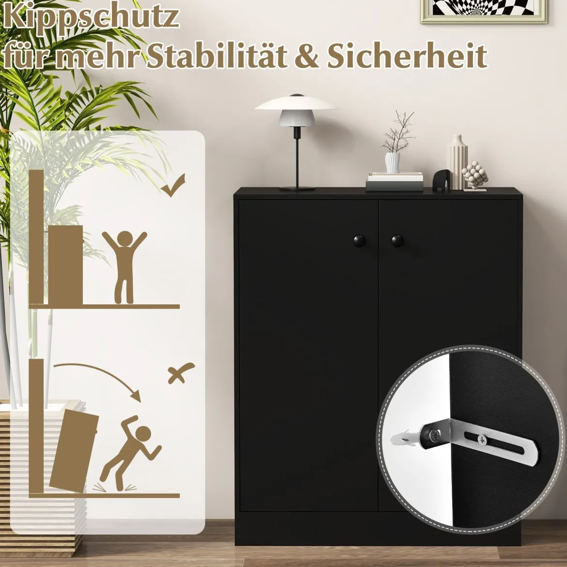 Sideboard modern freistehender Bodenschrank mit Kippschutz Flurschrank mit verstellbaren Regalen 72 x 34 x 85,5 cm Schwarz