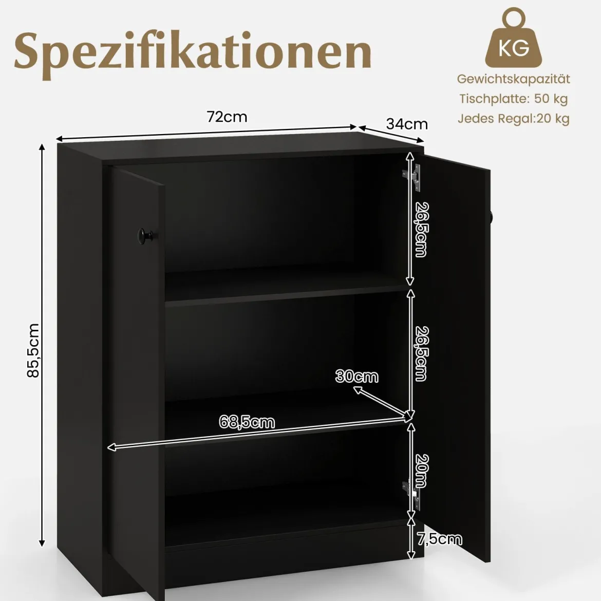 Sideboard modern freistehender Bodenschrank mit Kippschutz Flurschrank mit verstellbaren Regalen 72 x 34 x 85,5 cm Schwarz