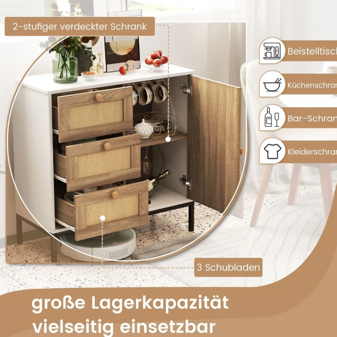 Sideboard Rattan Kommode mit 1 Tür und 3 Schubladen Küchenschrank 80 x 35 x 80,5 cm Weiß + Natur