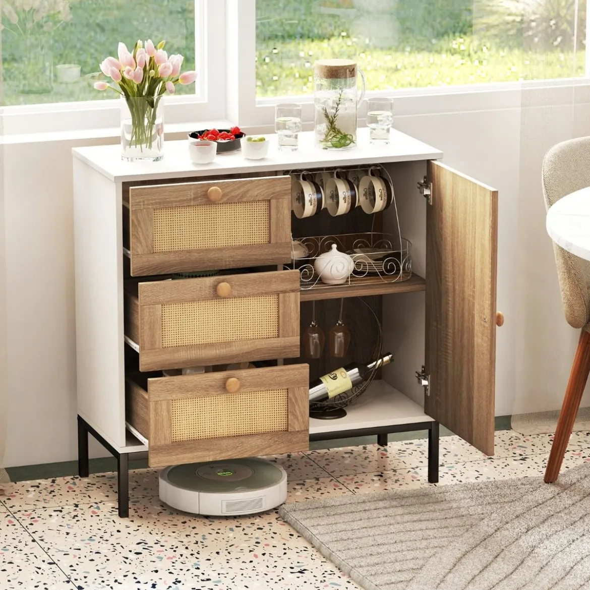 Sideboard Rattan Kommode mit 1 Tür und 3 Schubladen Küchenschrank 80 x 35 x 80,5 cm Weiß + Natur