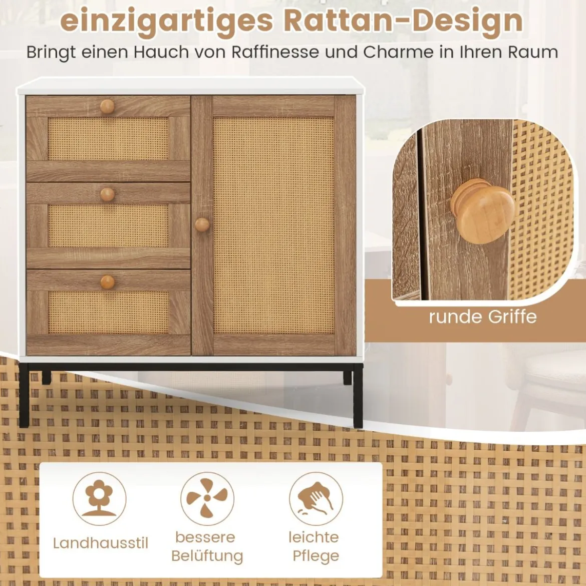 Sideboard Rattan Kommode mit 1 Tür und 3 Schubladen Küchenschrank 80 x 35 x 80,5 cm Weiß + Natur