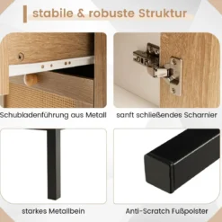 Sideboard Rattan Kommode mit 1 Tür und 3 Schubladen Küchenschrank 80 x 35 x 80,5 cm Weiß + Natur