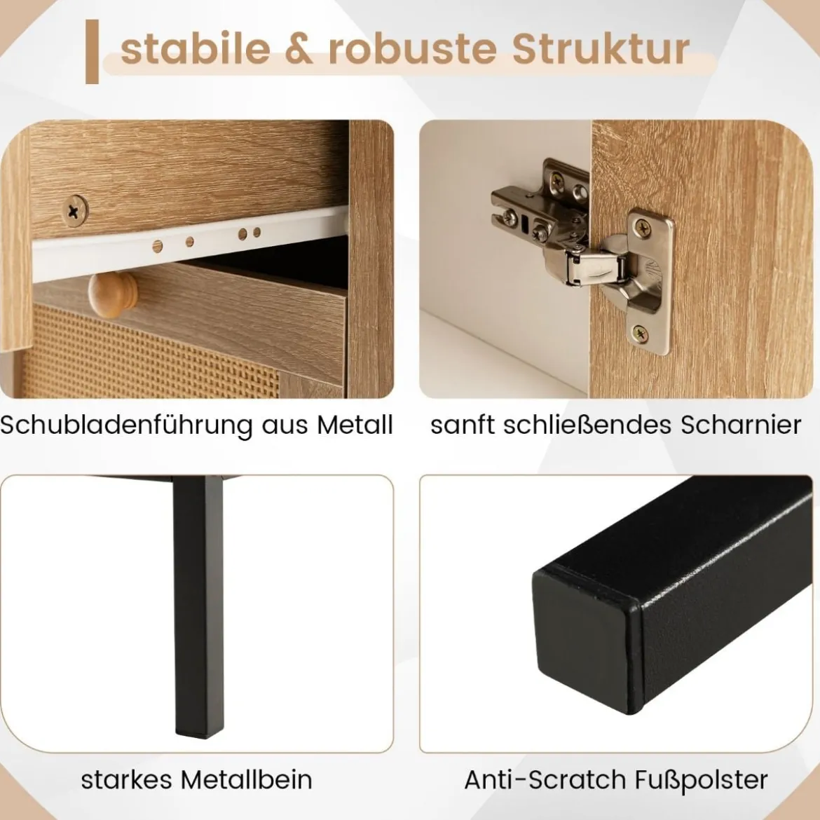 Sideboard Rattan Kommode mit 1 Tür und 3 Schubladen Küchenschrank 80 x 35 x 80,5 cm Weiß + Natur