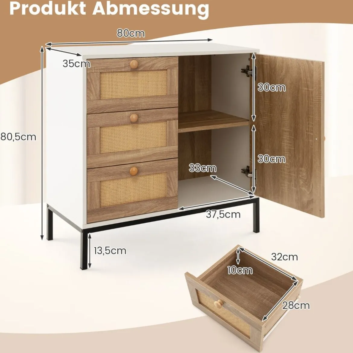 Sideboard Rattan Kommode mit 1 Tür und 3 Schubladen Küchenschrank 80 x 35 x 80,5 cm Weiß + Natur