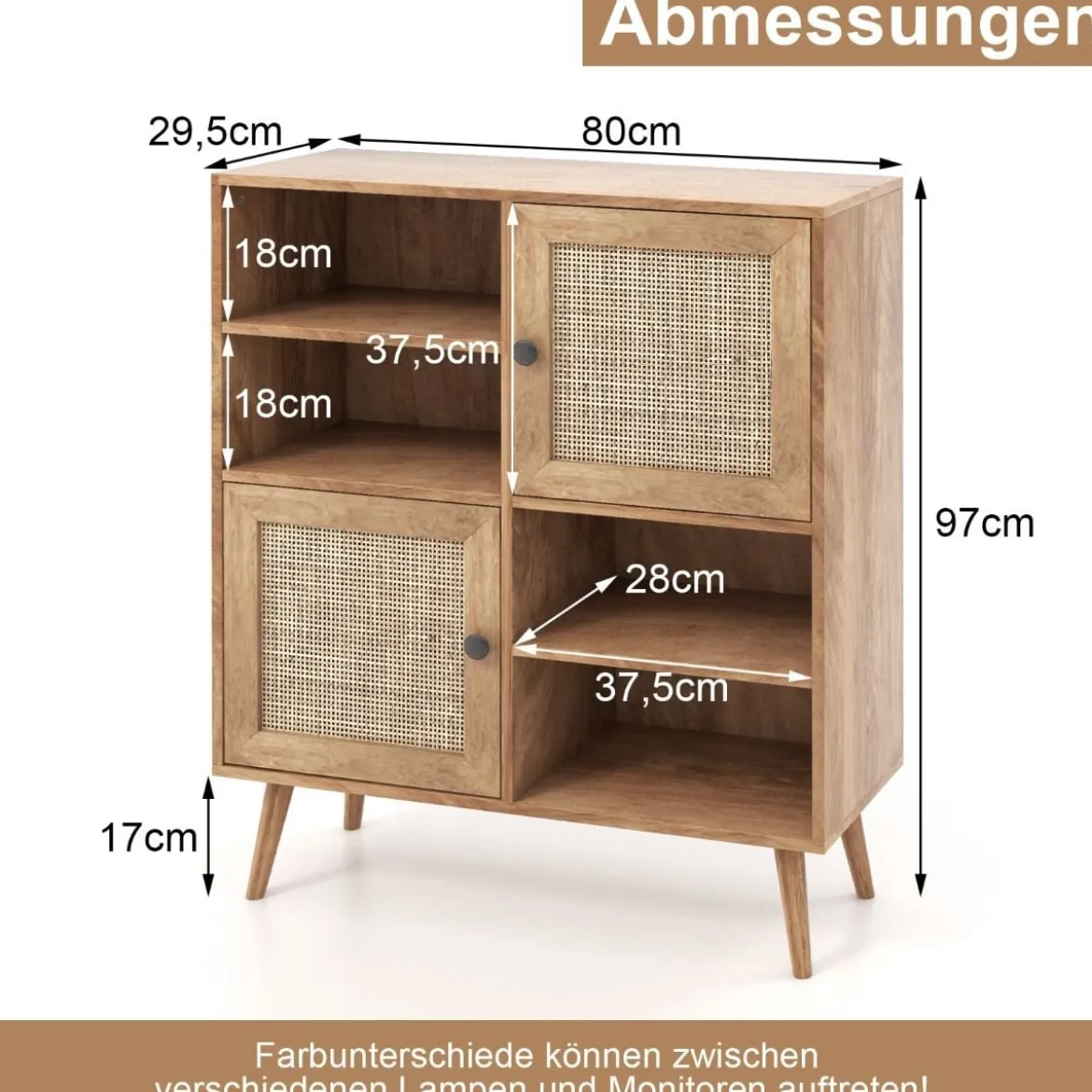 Sideboard Schrank aus Holz Kommode mit 4 Fächern & 2 Türen Anrichteschrank Rattan