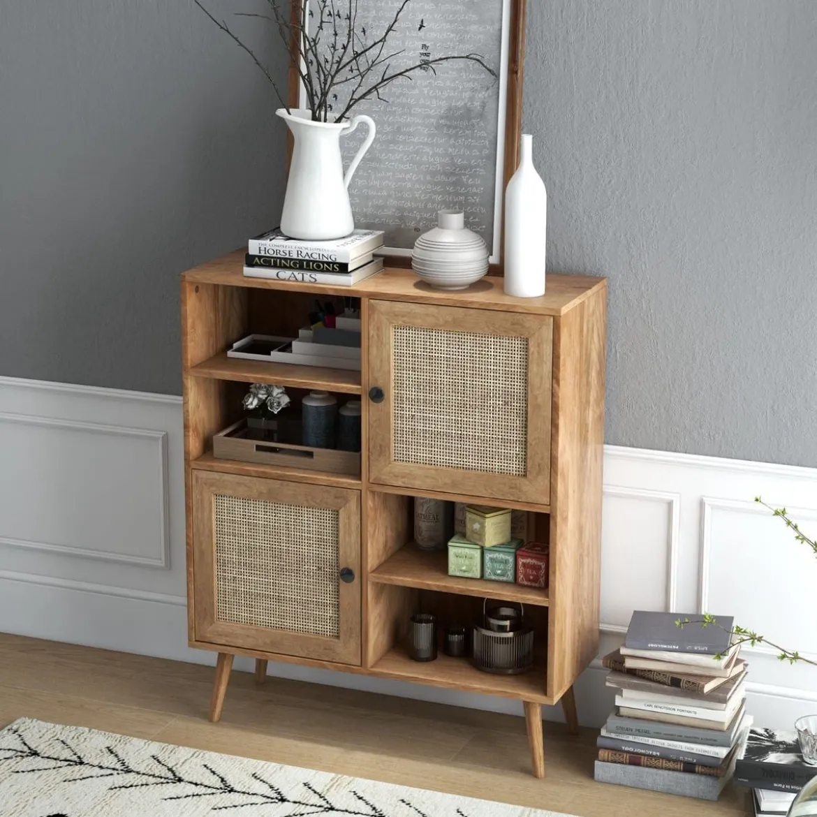 Sideboard Schrank aus Holz Kommode mit 4 Fächern & 2 Türen Anrichteschrank Rattan