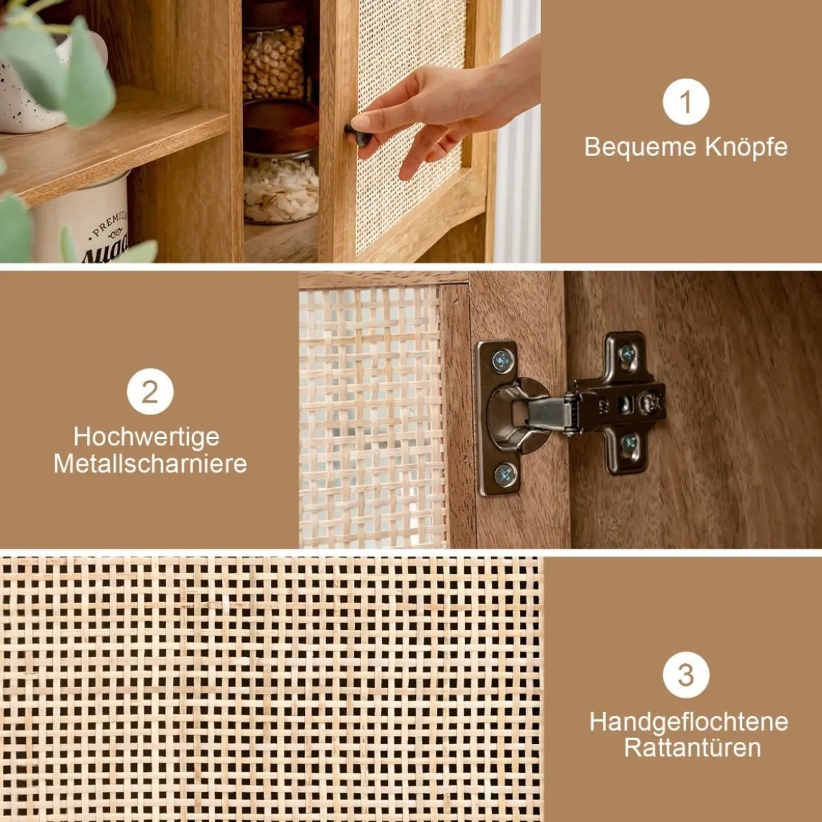 Sideboard Schrank aus Holz Kommode mit 4 Fächern & 2 Türen Anrichteschrank Rattan