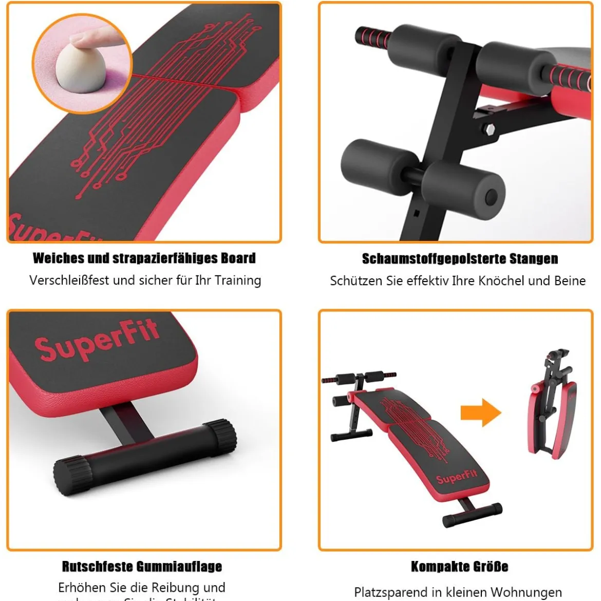 Sit Up Bank klappbar Schrägbank verstellbar Trainingsbank bis zur 200kg belastbar Rot