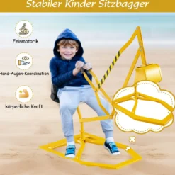 Sitzbagger 360° drehbar Bagger zum Draufsitzen Metall Bagger Sandkasten mit Schaufel Aufsitzbagger Gelb