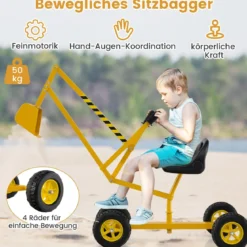 Sitzbagger 360° drehbar Bagger zum Draufsitzen Metall mit Schaufel & Rädern Bagger Sandkasten Gelb