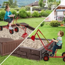 Sitzbagger 360° drehbar Bagger zum Draufsitzen Metall mit Schaufel & Rädern Bagger Sandkasten Rot