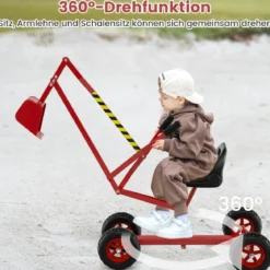 Sitzbagger 360° drehbar Bagger zum Draufsitzen Metall mit Schaufel & Rädern Bagger Sandkasten Rot