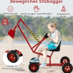 Sitzbagger 360° drehbar Bagger zum Draufsitzen Metall mit Schaufel & Rädern Bagger Sandkasten Rot