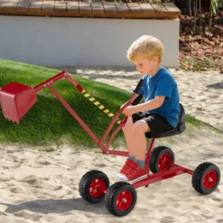 Sitzbagger 360° drehbar Bagger zum Draufsitzen Metall mit Schaufel & Rädern Bagger Sandkasten Rot