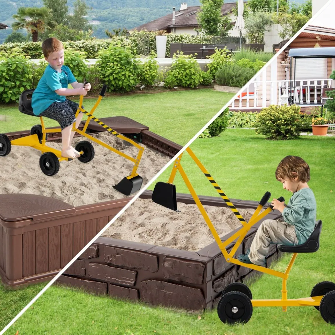 Sitzbagger 360° drehbar Bagger zum Draufsitzen mit Schaufel & Rädern Kinderbagger Metall Aufsitzbagger Sandbagger Gelb