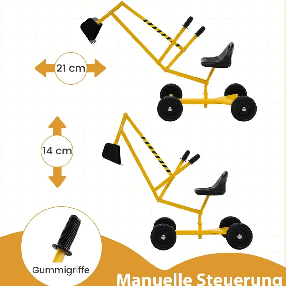 Sitzbagger 360° drehbar Bagger zum Draufsitzen mit Schaufel & Rädern Kinderbagger Metall Aufsitzbagger Sandbagger Gelb