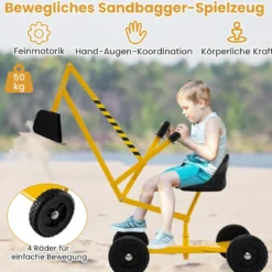 Sitzbagger 360° drehbar Bagger zum Draufsitzen mit Schaufel & Rädern Kinderbagger Metall Aufsitzbagger Sandbagger Gelb