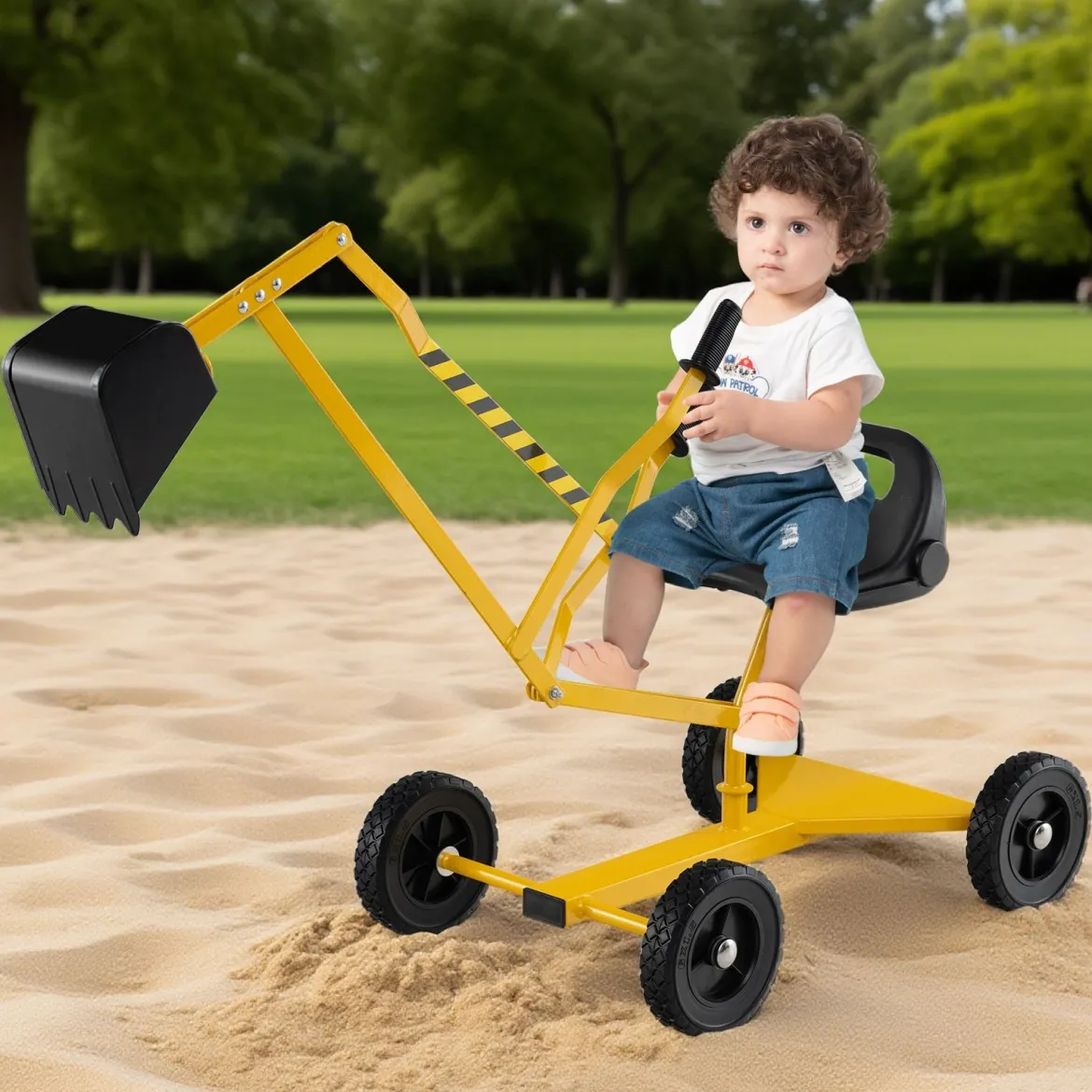 Sitzbagger 360° drehbar Bagger zum Draufsitzen mit Schaufel & Rädern Kinderbagger Metall Aufsitzbagger Sandbagger Gelb