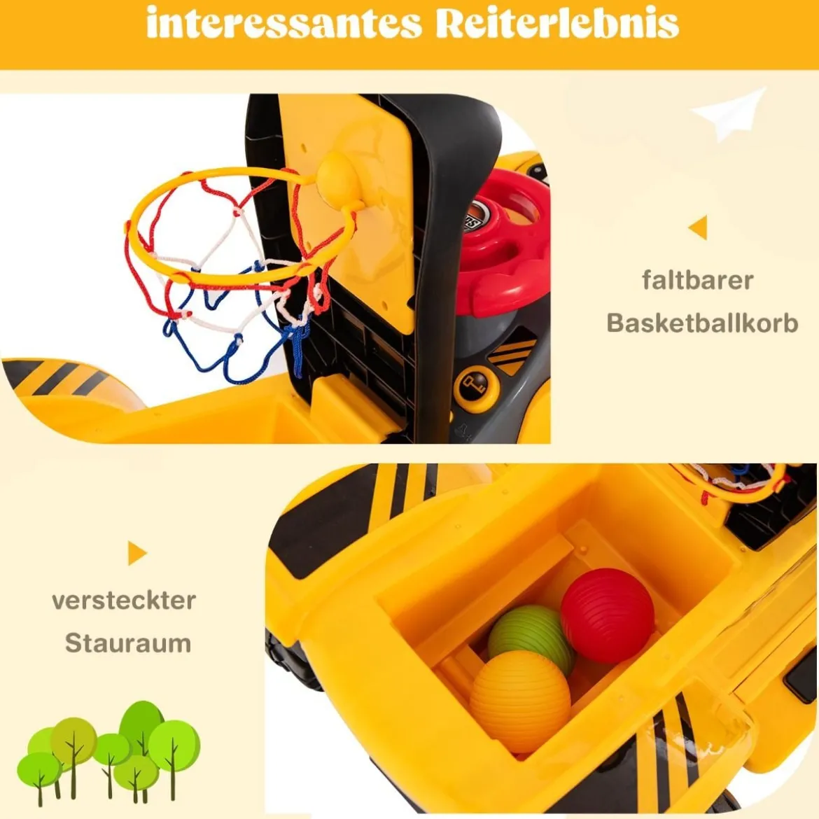 Sitzbagger Kinderbagger elektrisch mit verstecktem Stauraum & Basketballkorb 84 x 35 x 43 cm Gelb