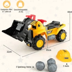 Sitzbagger mit Eingebautem Ablagefach Kinderbagger mit 4 Sound-Tasten Bagger Spielzeug