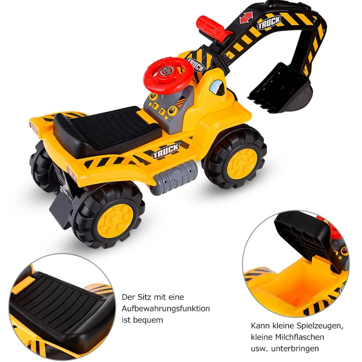 Sitzbagger mit Eingebautem Ablagefach & 3 Steine & Helm Kinderbagger Sandbagger Rutscher Gelb
