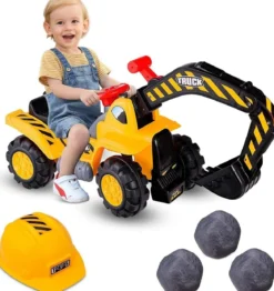 Sitzbagger mit Eingebautem Ablagefach & 3 Steine & Helm Kinderbagger Sandbagger Rutscher Gelb