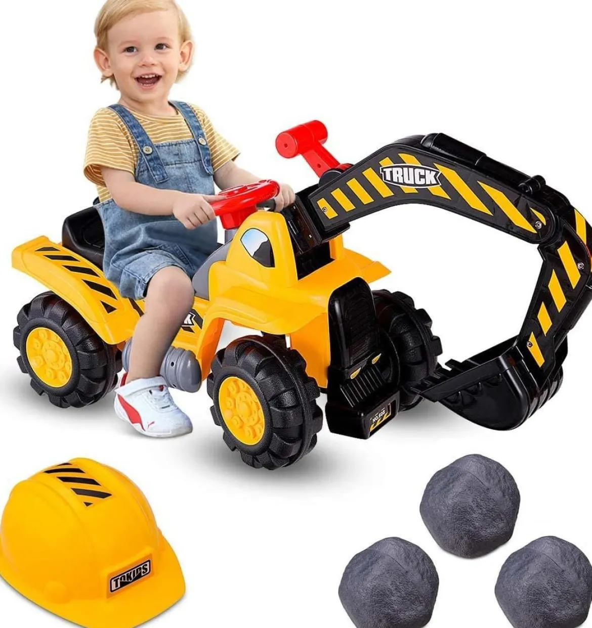 Sitzbagger mit Eingebautem Ablagefach & 3 Steine & Helm Kinderbagger Sandbagger Rutscher Gelb