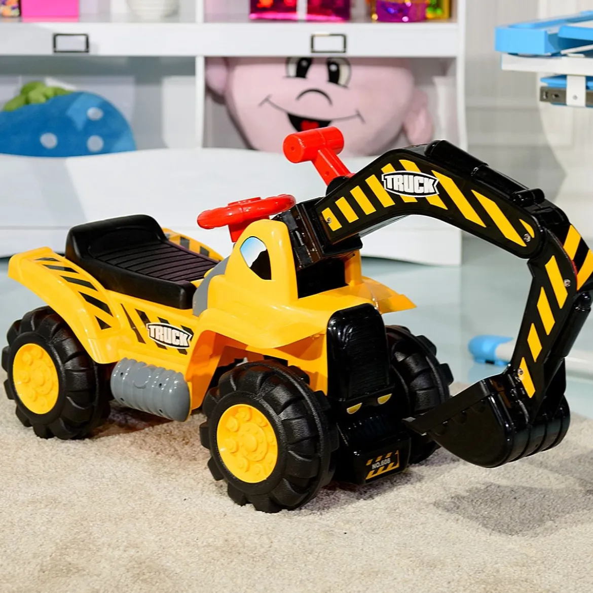 Sitzbagger mit Eingebautem Ablagefach & 3 Steine & Helm Kinderbagger Sandbagger Rutscher Gelb