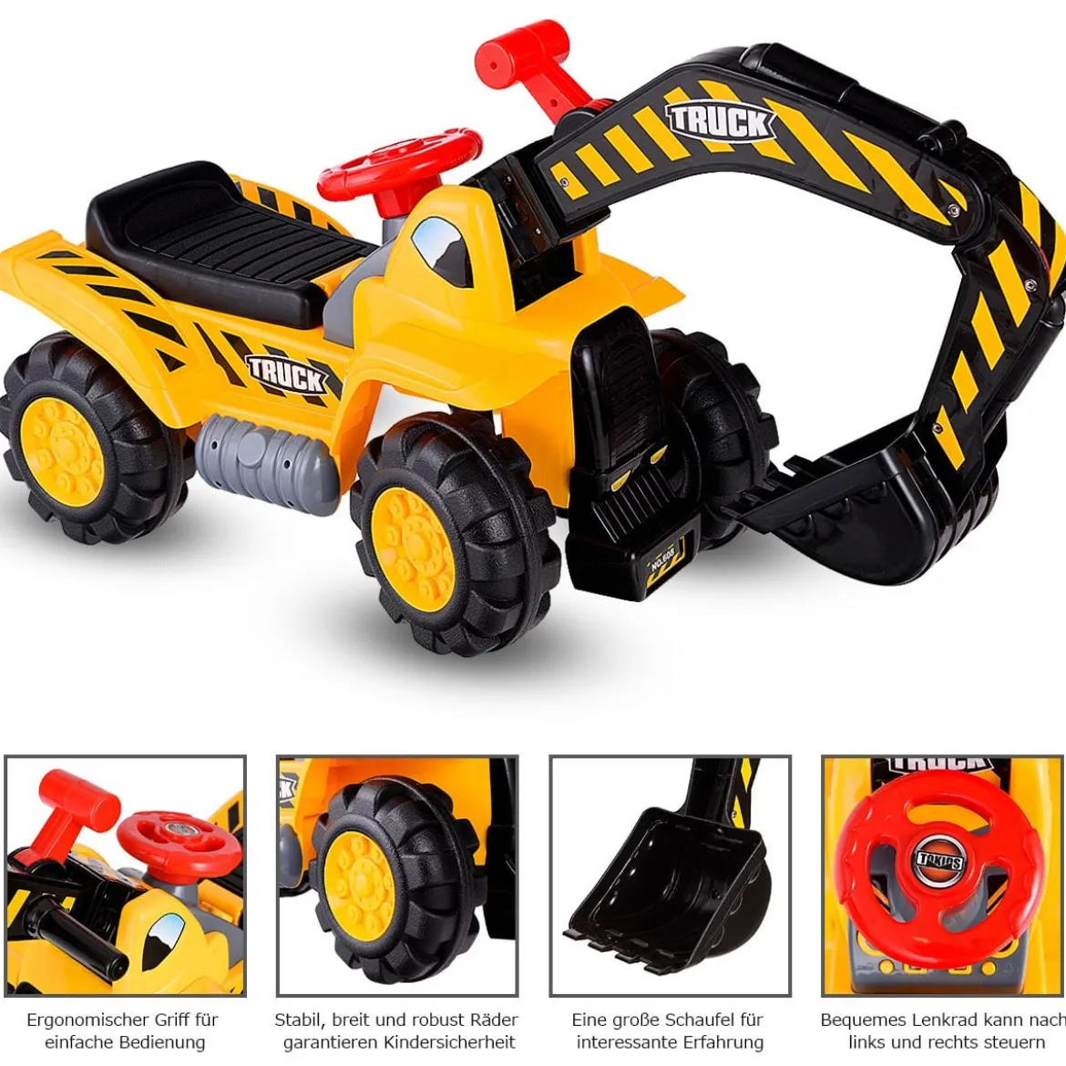 Sitzbagger mit Eingebautem Ablagefach & 3 Steine & Helm Kinderbagger Sandbagger Rutscher Gelb