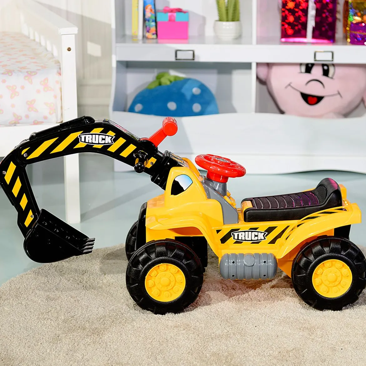 Sitzbagger mit Eingebautem Ablagefach & 3 Steine & Helm Kinderbagger Sandbagger Rutscher Gelb