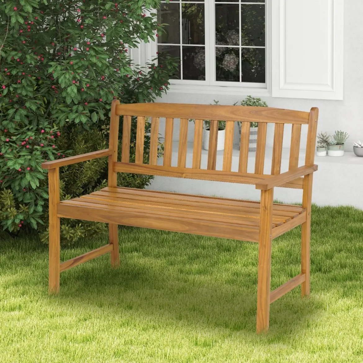 Sitzbank aus Akazienholz Gartenbank für 2 Personen mit Rücken- & Armlehnen 110 x 55 x 86 cm