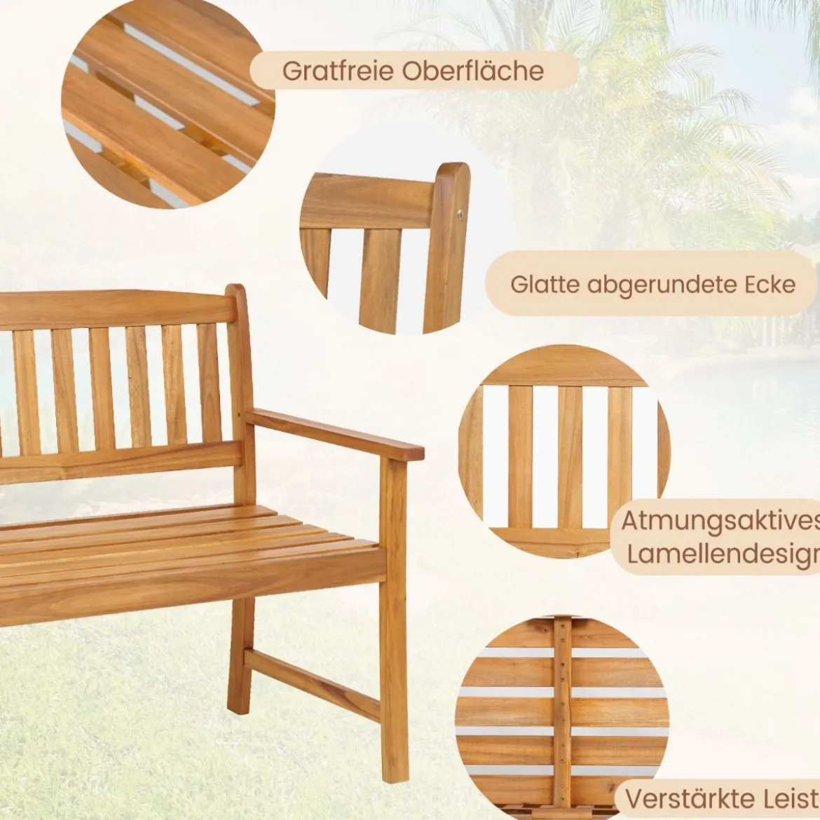 Sitzbank aus Akazienholz Gartenbank für 2 Personen mit Rücken- & Armlehnen 110 x 55 x 86 cm