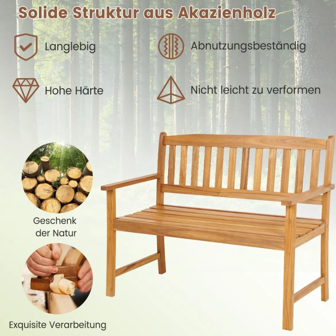 Sitzbank aus Akazienholz Gartenbank für 2 Personen mit Rücken- & Armlehnen 110 x 55 x 86 cm
