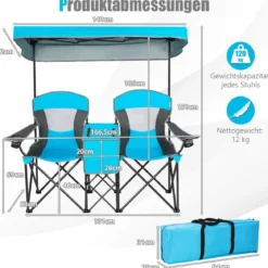 2-Sitzer Campingstuhl mit Sonnenschutz Mini-Tisch klappbarer Angelstuhl mit Tragetasche 166 x 71 x 151 cm Blau