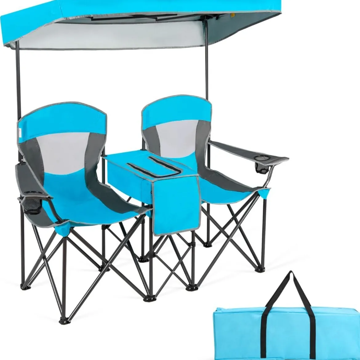 2-Sitzer Campingstuhl mit Sonnenschutz Mini-Tisch klappbarer Angelstuhl mit Tragetasche 166 x 71 x 151 cm Blau