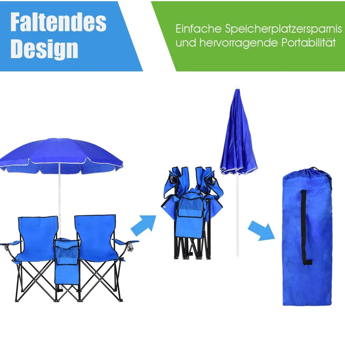 2-Sitzer Campingstuhl mit Sonnenschirm Klappbarer Angelstuhl mit Tragetasche Faltstuhl