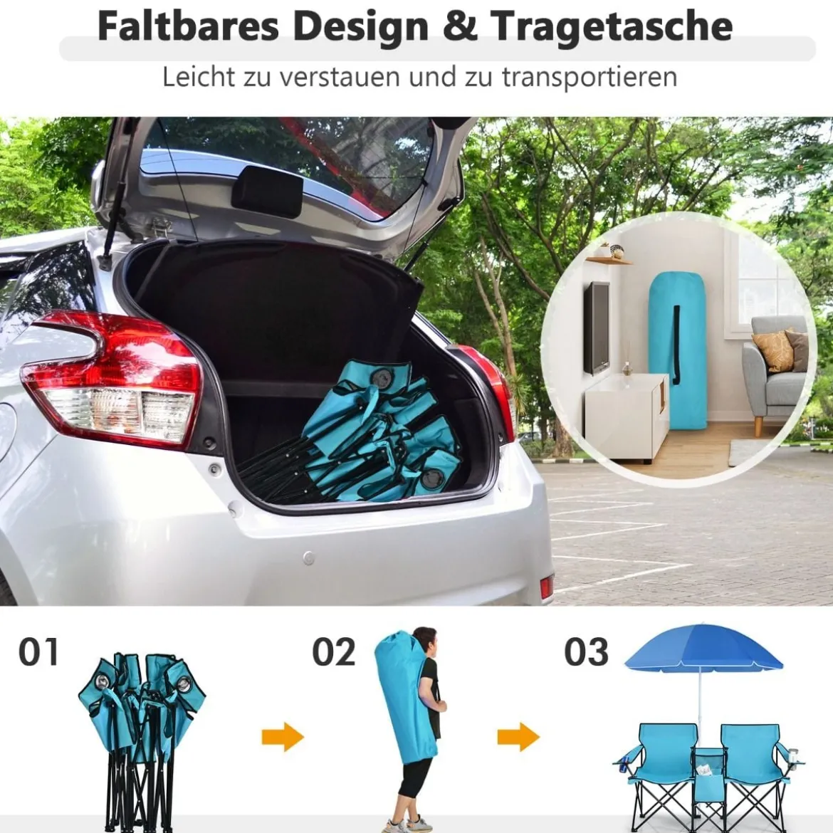 2-Sitzer Campingstuhl mit Sonnenschirm Klappbarer Angelstuhl mit Tragetasche Faltstuhl