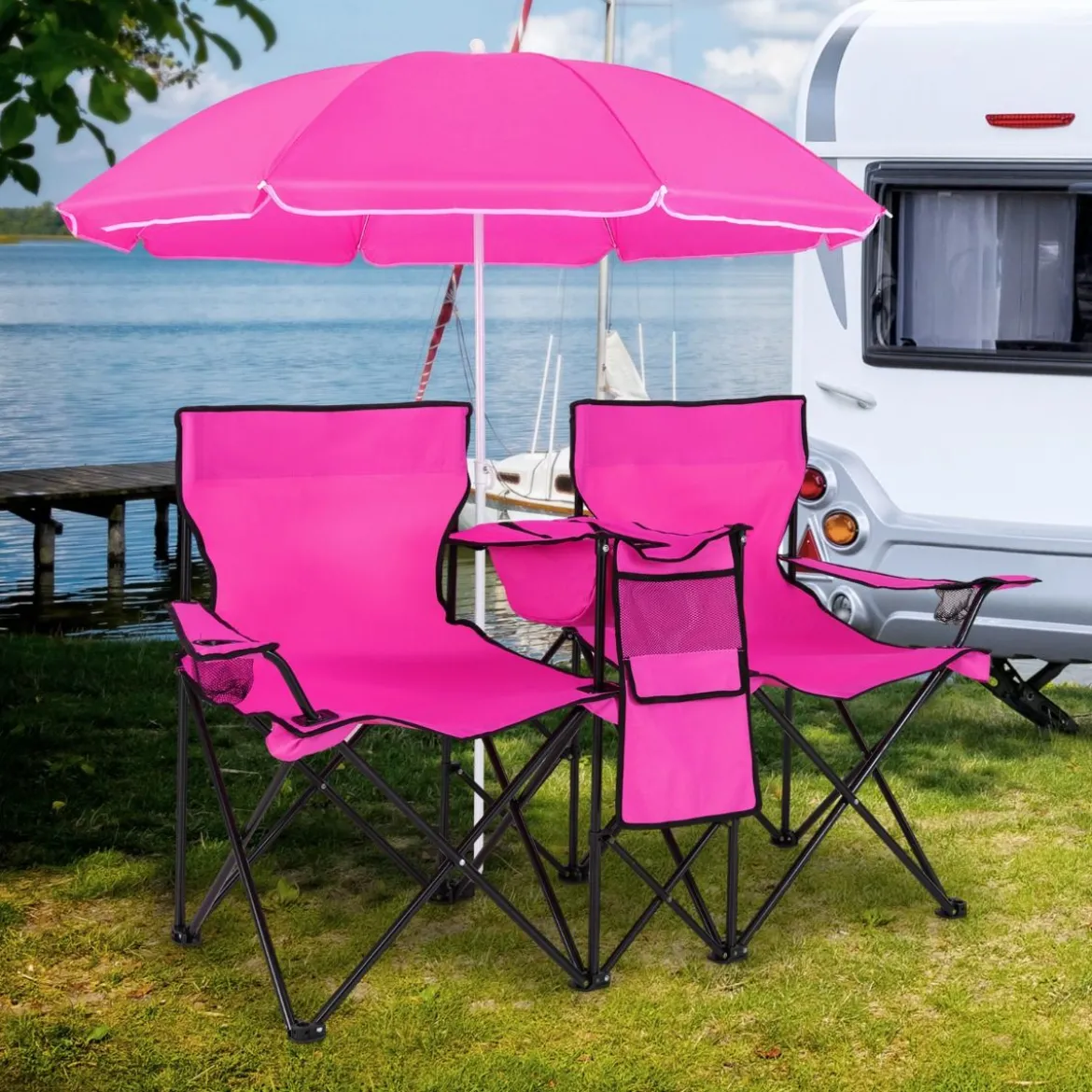 2-Sitzer Campingstuhl mit Sonnenschirm Klappbarer Angelstuhl mit Tragetasche Faltstuhl