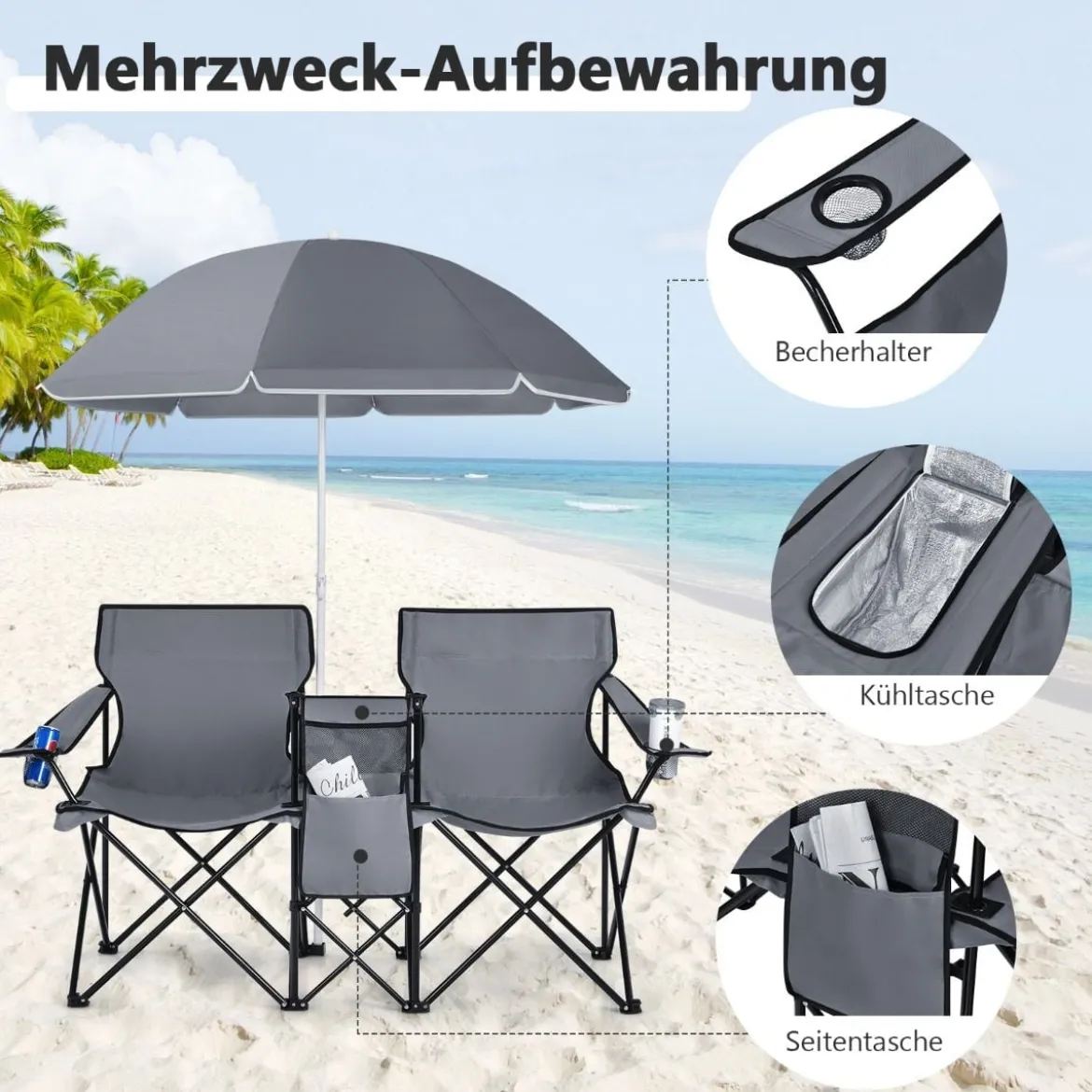 2-Sitzer Campingstuhl mit Sonnenschirm Klappbarer Angelstuhl mit Tragetasche Faltstuhl