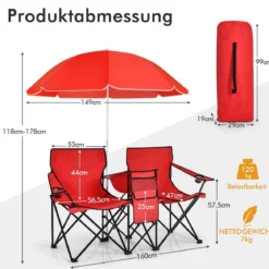 2-Sitzer Campingstuhl mit Sonnenschirm Klappbarer Angelstuhl mit Tragetasche Faltstuhl