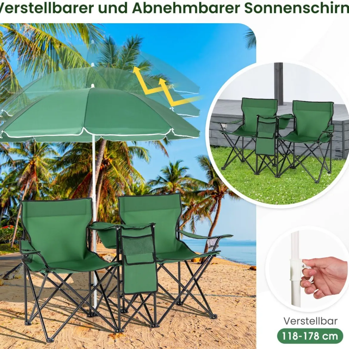 2-Sitzer Campingstuhl mit Sonnenschirm Klappbarer Angelstuhl mit Tragetasche Faltstuhl