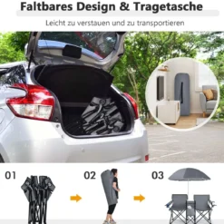 2-Sitzer Campingstuhl mit Sonnenschirm Klappbarer Angelstuhl mit Tragetasche Faltstuhl