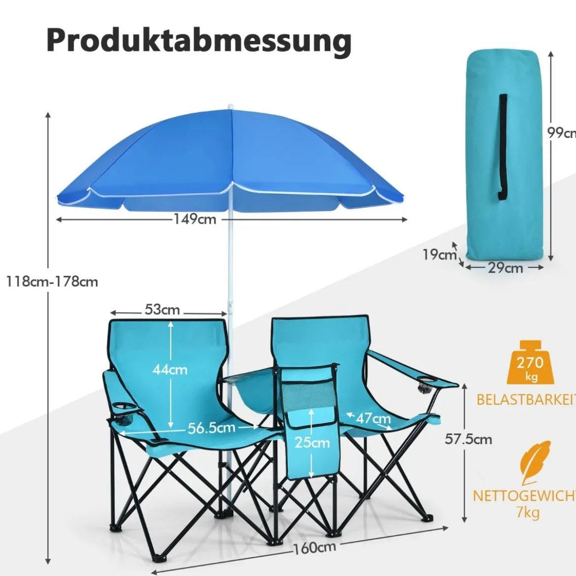 2-Sitzer Campingstuhl mit Sonnenschirm Klappbarer Angelstuhl mit Tragetasche Faltstuhl