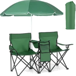 2-Sitzer Campingstuhl mit Sonnenschirm Klappbarer Angelstuhl mit Tragetasche Faltstuhl
